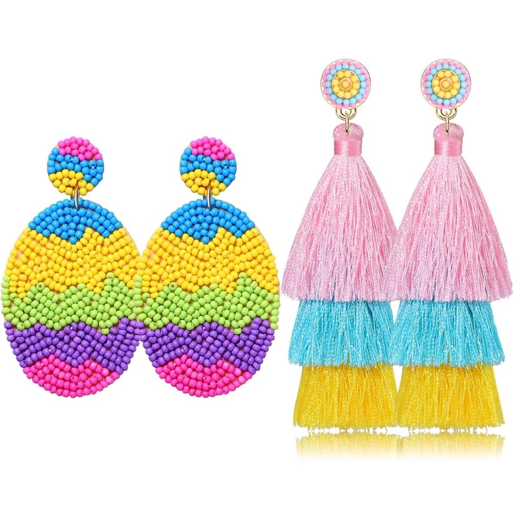 NWT 2 Pairs Easter Beaded Bunny and Colorful Egg Layered Tassel Earrings